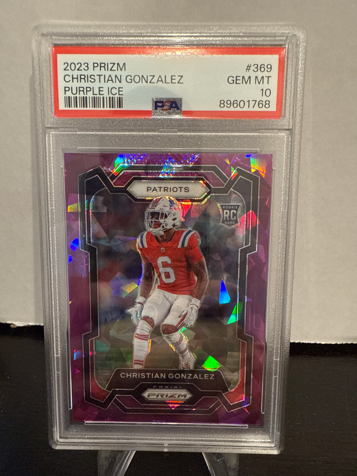 Christian Gonzalez 2023 Panini Prizm Purple Ice Rookie, 080/255, PSA 10 Gem Mint