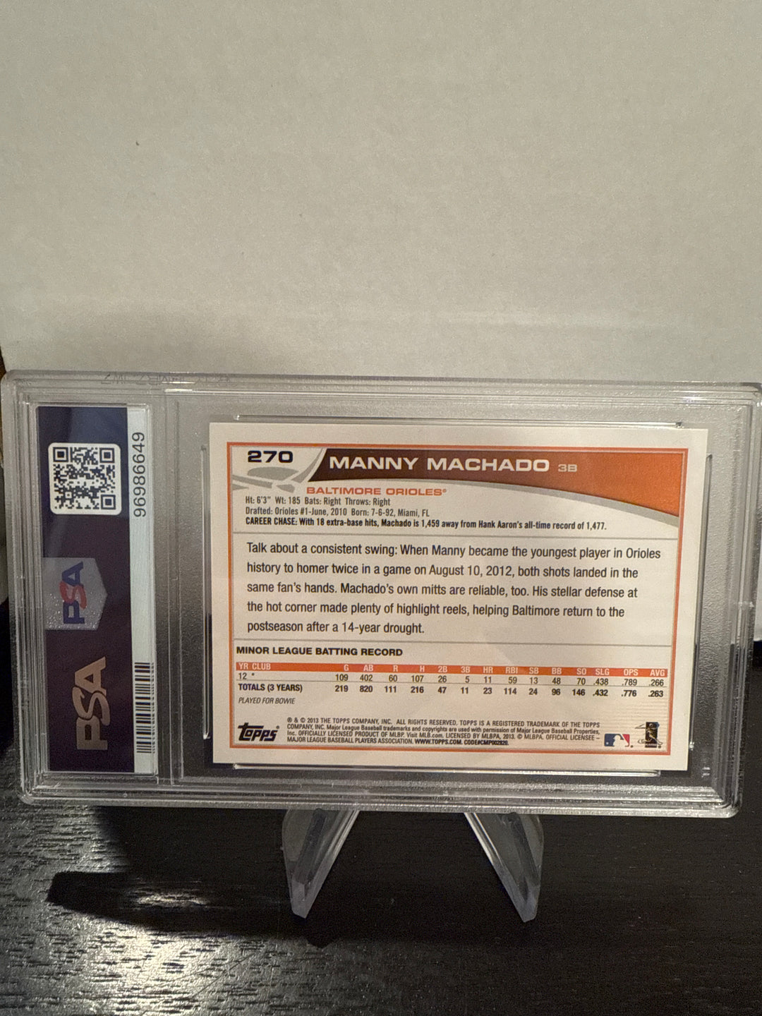 Manny Machado 2013 Topps Rookie, Fielding Wal Mart Blue Border, PSA 10 Gem Mint