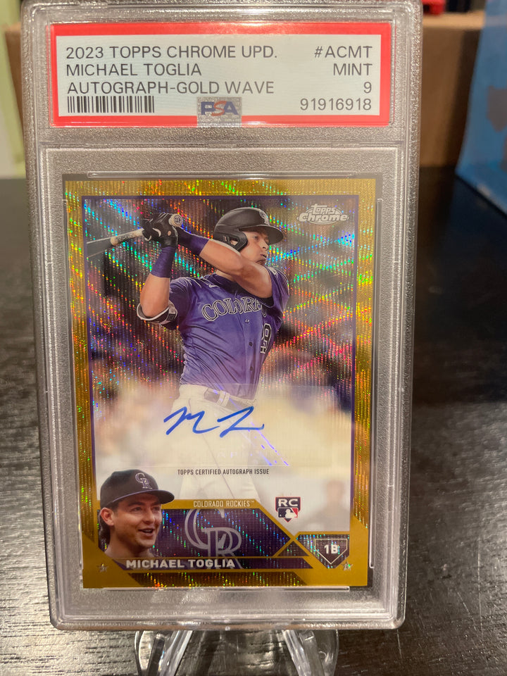 Michael Toglia 2023 Topps Chrome Update Gold Wave Rookie Auto, 03/50, PSA 9 Mint