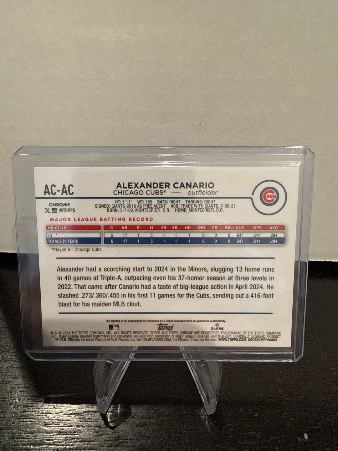 Alexander Canario 2024 Topps Chrome Gold Rookie Auto, 11/50