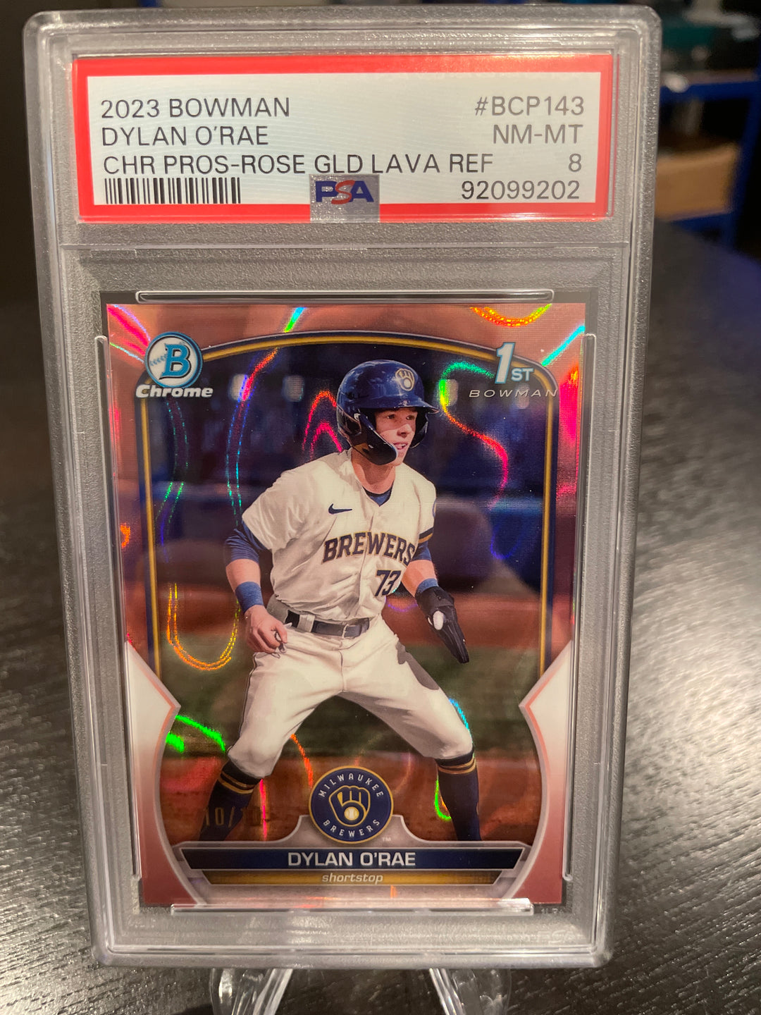 Dylan O'Rae 2023 Bowman Chrome 1st Bowman Rose Gold Lave, 10/10, PSA 8