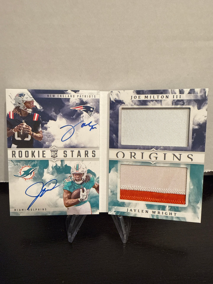 Joe Milton/Jaylen Wright 2024 Panini Origins Rookie Dual Patch Auto Booklet, 47/49