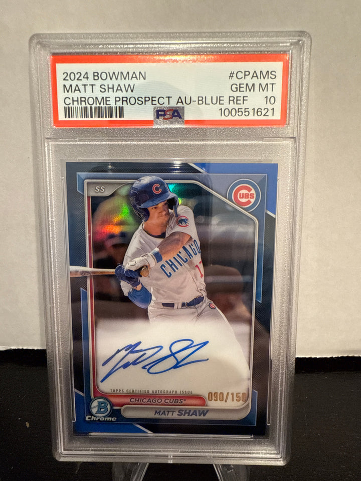 Matt Shaw 2024 Bowman Chrome Prospect Auto Blue Refractor, 090/150, PSA 10 Gem Mint