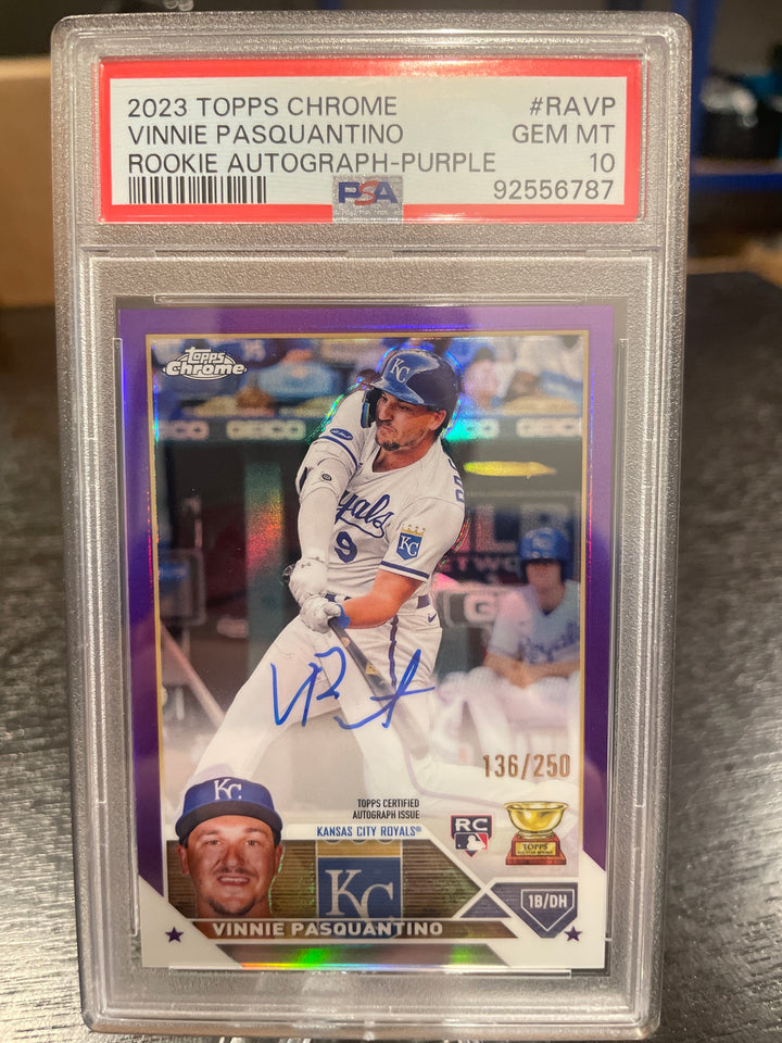 Vinnie Pasquantino 2023 Topps Chrome Purple Rookie Auto, 136/250, PSA 10 Gem Mint