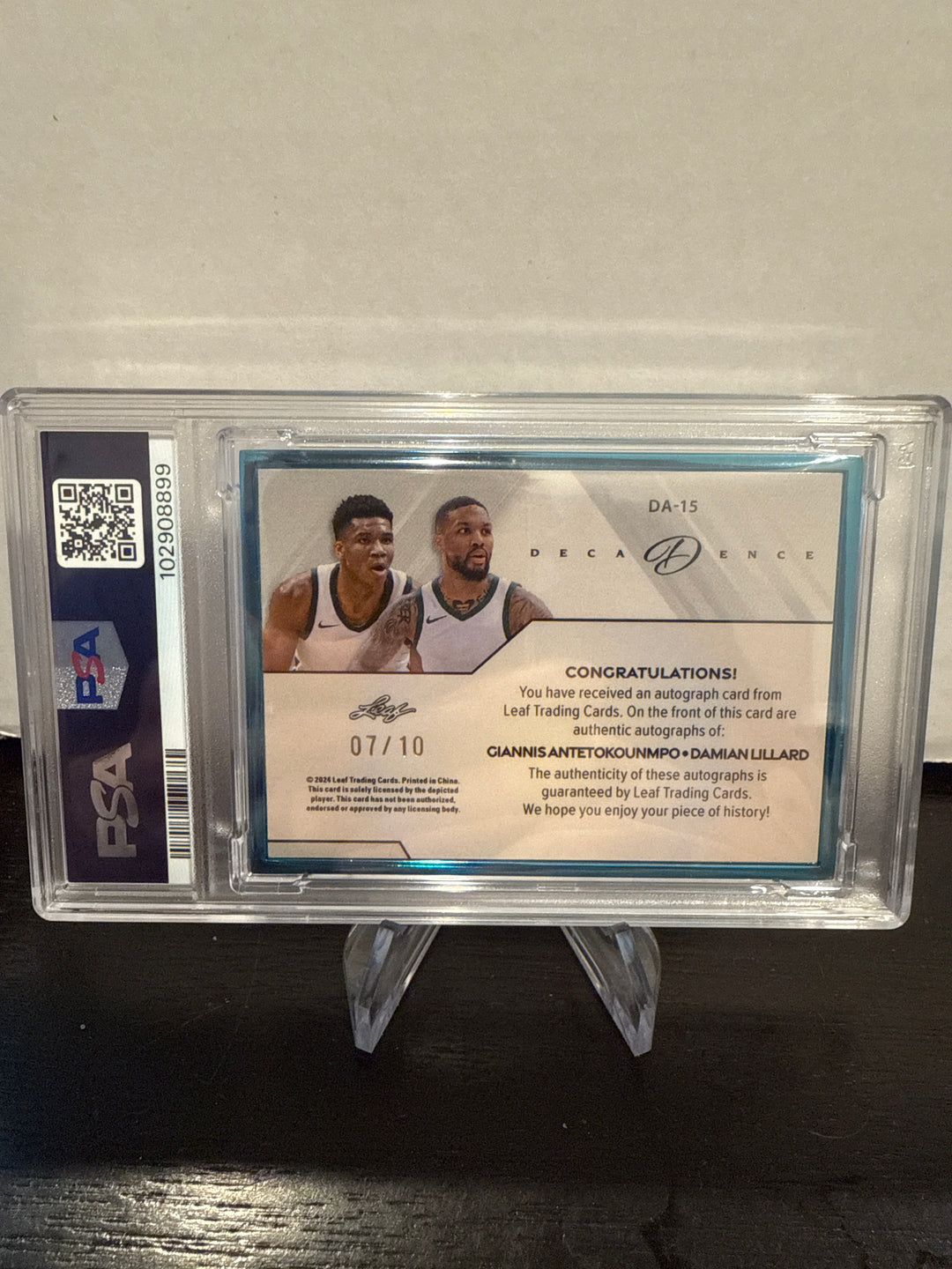 Giannis Antetokounmpo/Damian Lillard 2024 Leaf Decadence Dual Turquoise Auto, 07/10, PSA 9 Mint