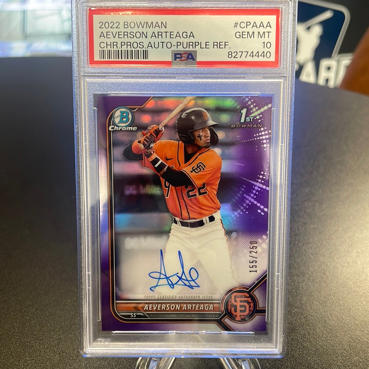 Aeverson Arteaga 2022 Chrome Prospects Auto Purple Refractor, 155/250, PSA 10 Gem Mint