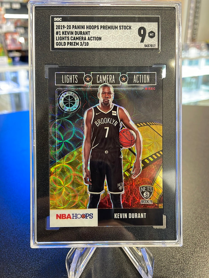 Kevin Durant 2019-2020 Panini Hoops Premium Stock, Lights Camera Action Gold, 3/10, SGC 9 Mint