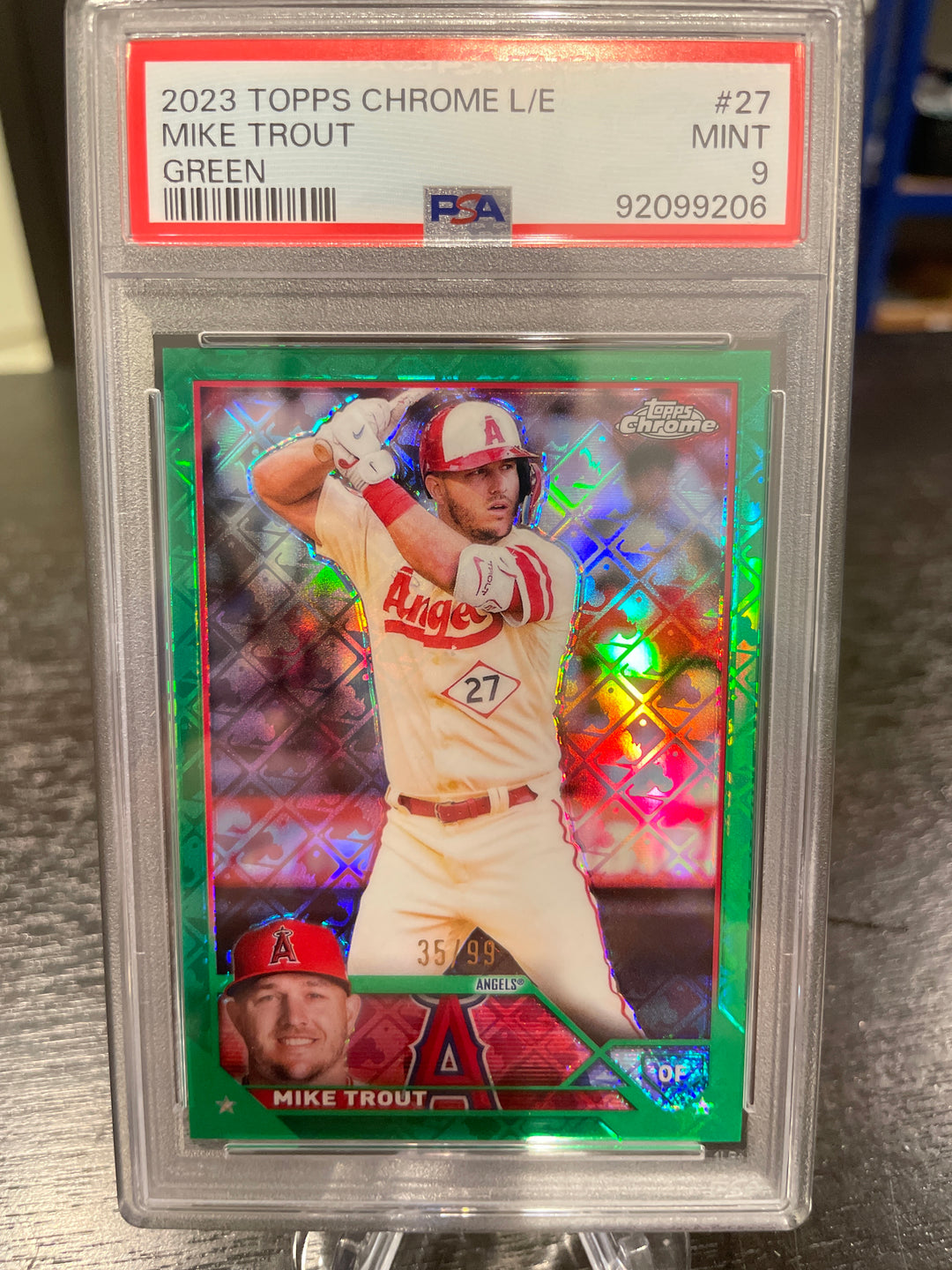 Mike Trout 2023 Topps Chrome Logofractor Green, 35/99, PSA 9 Mint