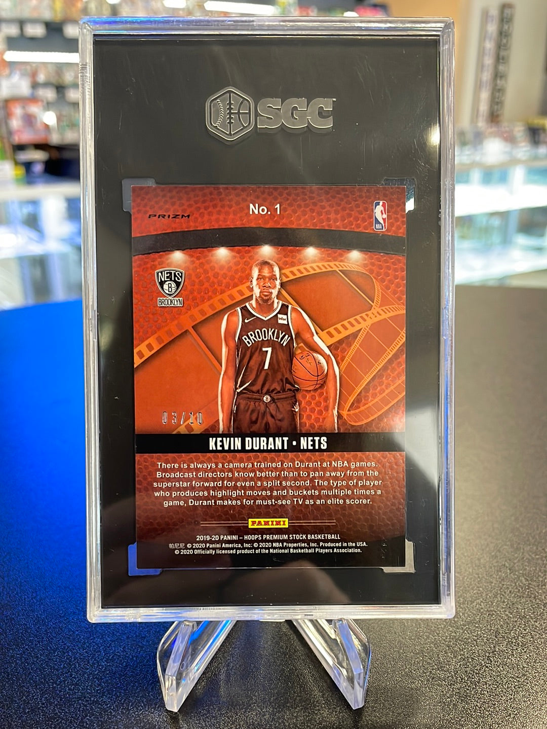 Kevin Durant 2019-2020 Panini Hoops Premium Stock, Lights Camera Action Gold, 3/10, SGC 9 Mint