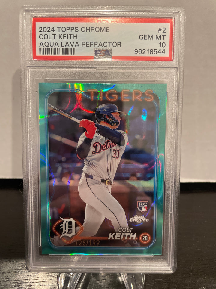 Colt Keith 2024 Topps Chrome Rookie Aqua Lava Refractor, 125/199, PSA 10 Gem Mint