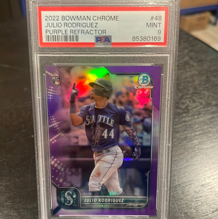 Julio Rodriguez 2022 Bowman Chrome Purple Refractor Rookie, 178/250, PSA 9 Mint