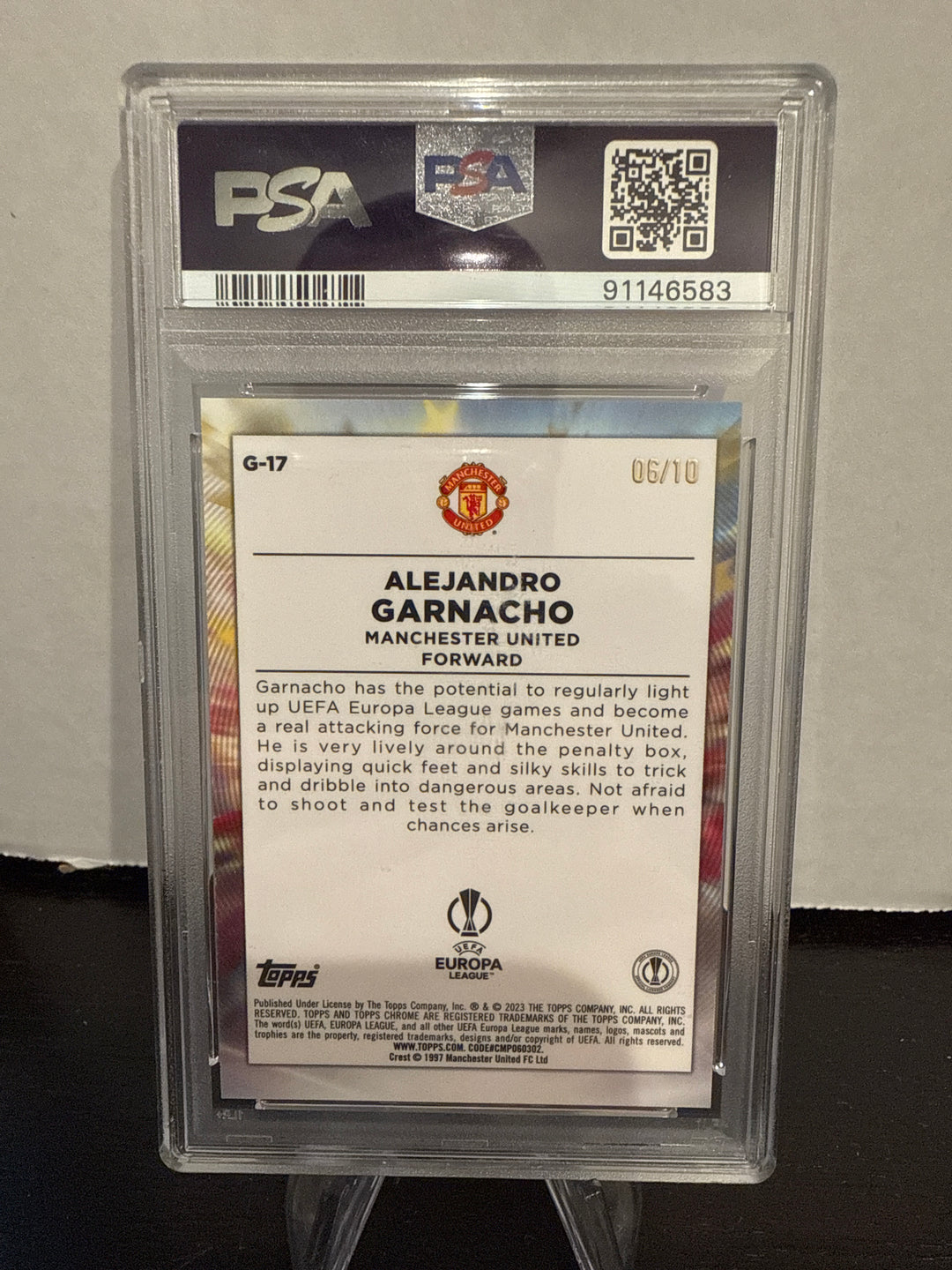 Alejandro Garnacho 2022 Topps Chrome UEFA GOLAZO Black Refractor Rookie, 06/10, PSA 10 Gem Mint