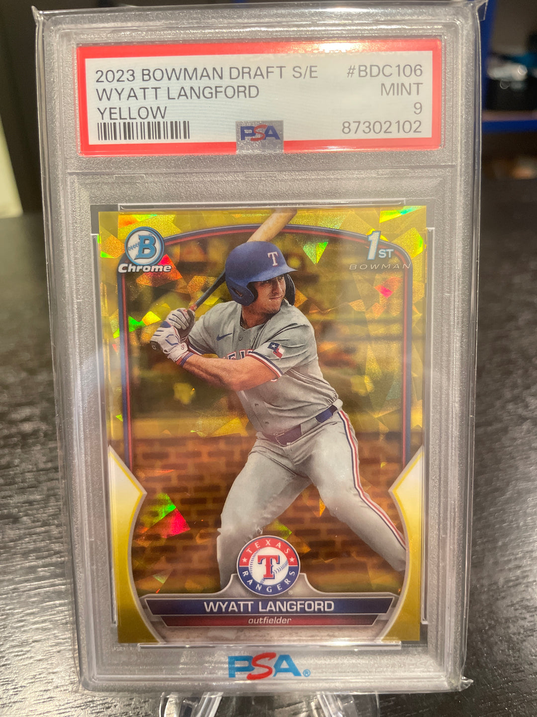 Wyatt Langford 2023 Bowman Chrome Draft Sapphire Yellow Refractor, 63/75, PSA 9 Mint