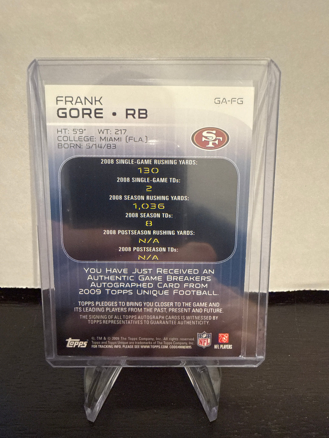 Frank Gore 2009 Topps Unique Game Breakers Auto, 25/100