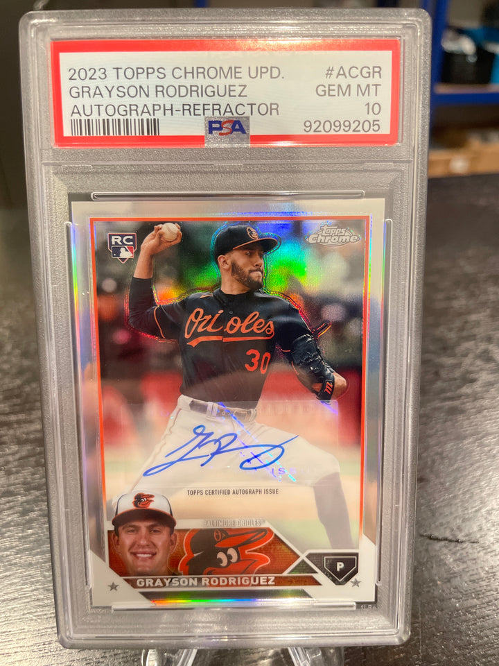 Grayson Rodriguez 2023 Topps Chrome Update Rookie Autograph Refractor, 096/499, PSA 10 Gem Mint