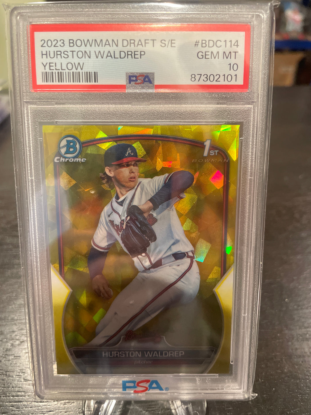 Hurston Waldrep 2023 Bowman Chrome Draft Sapphire Yellow Refractor, 30/75, PSA 10 Gem Mint