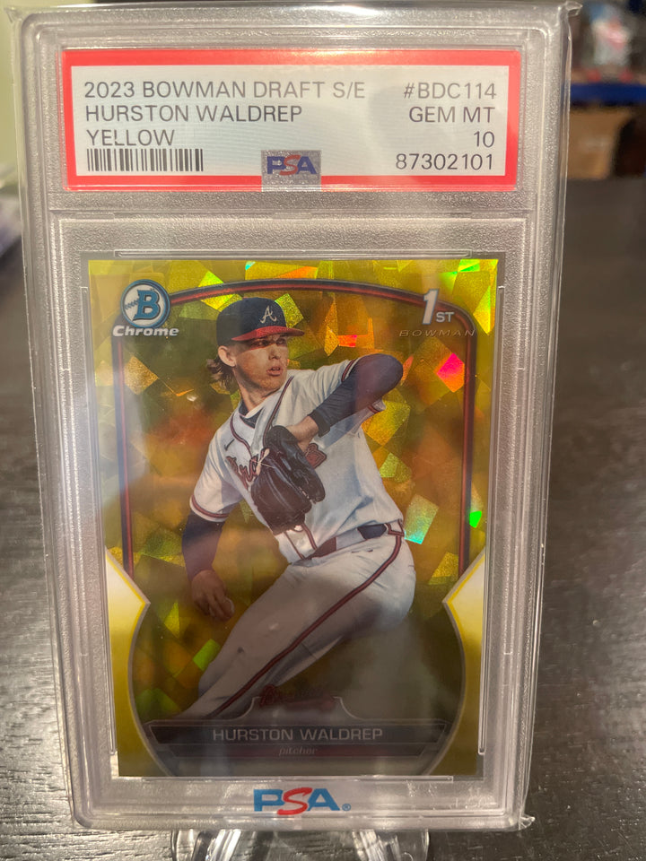 Hurston Waldrep 2023 Bowman Chrome Draft Sapphire Yellow Refractor, 30/75, PSA 10 Gem Mint