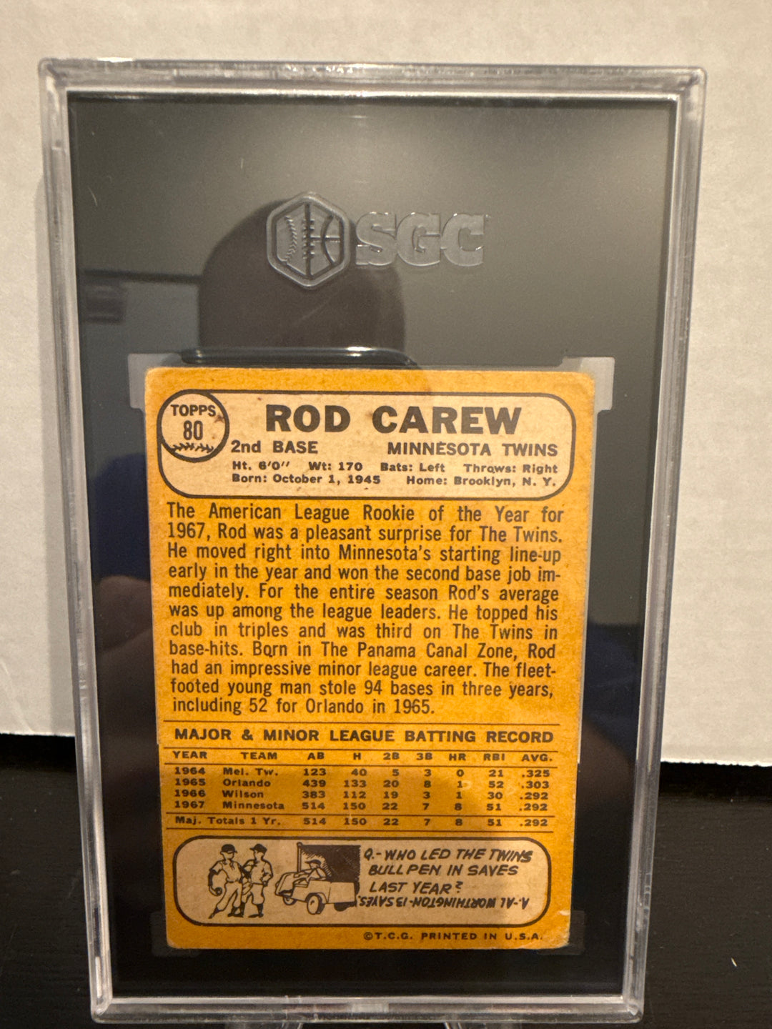 Rod Carew 1968 Topps All Star Rookie, SGC 2