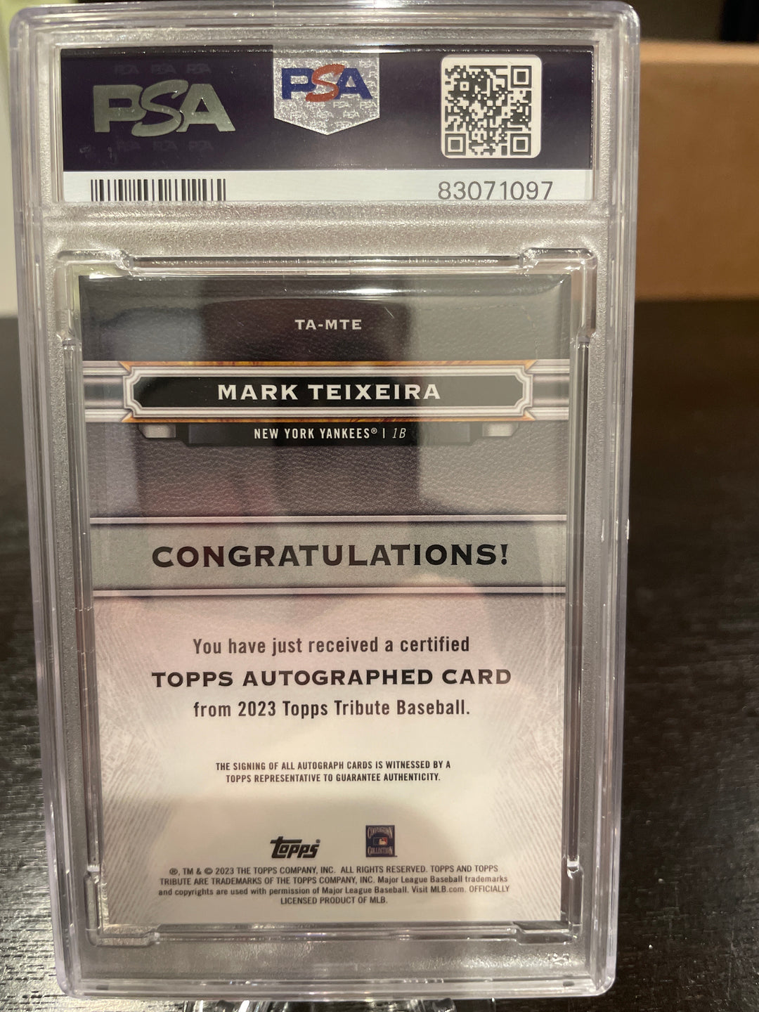 Mark Teixeira 2023 Topps Tribute Autograph Green, 06/99, PSA 9 Mint