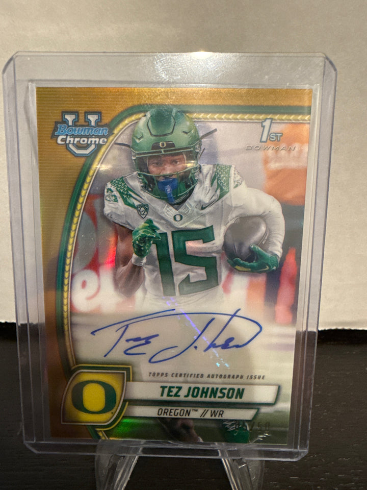 Tez Johnson 2024 Bowman Chrome University, Gold Refractor Auto, 05/50