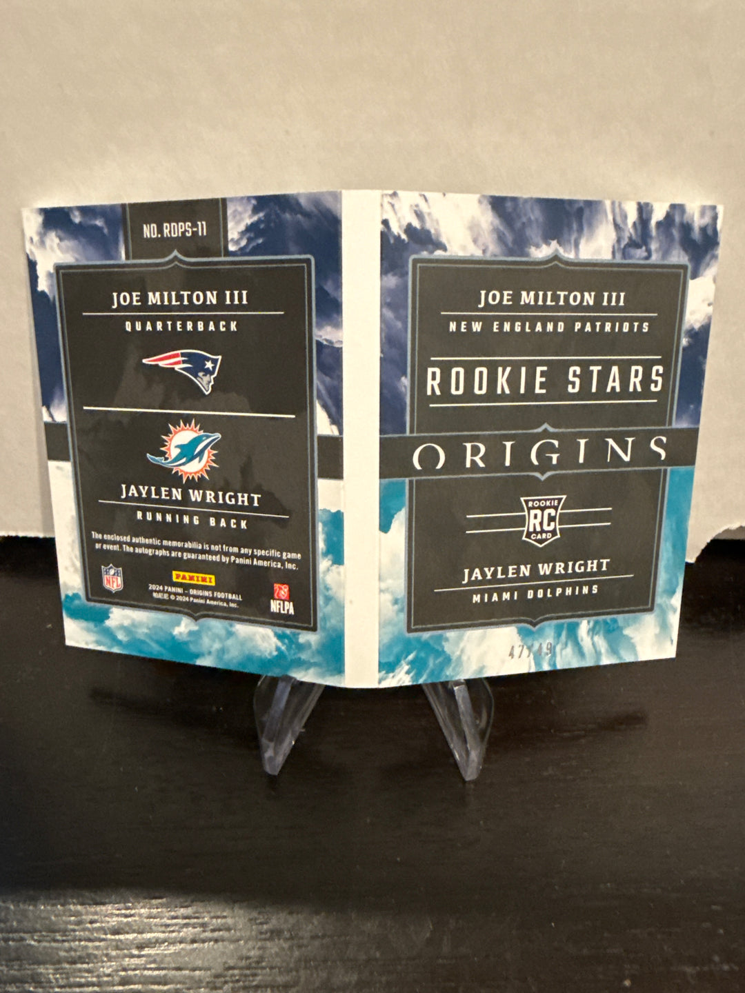 Joe Milton/Jaylen Wright 2024 Panini Origins Rookie Dual Patch Auto Booklet, 47/49