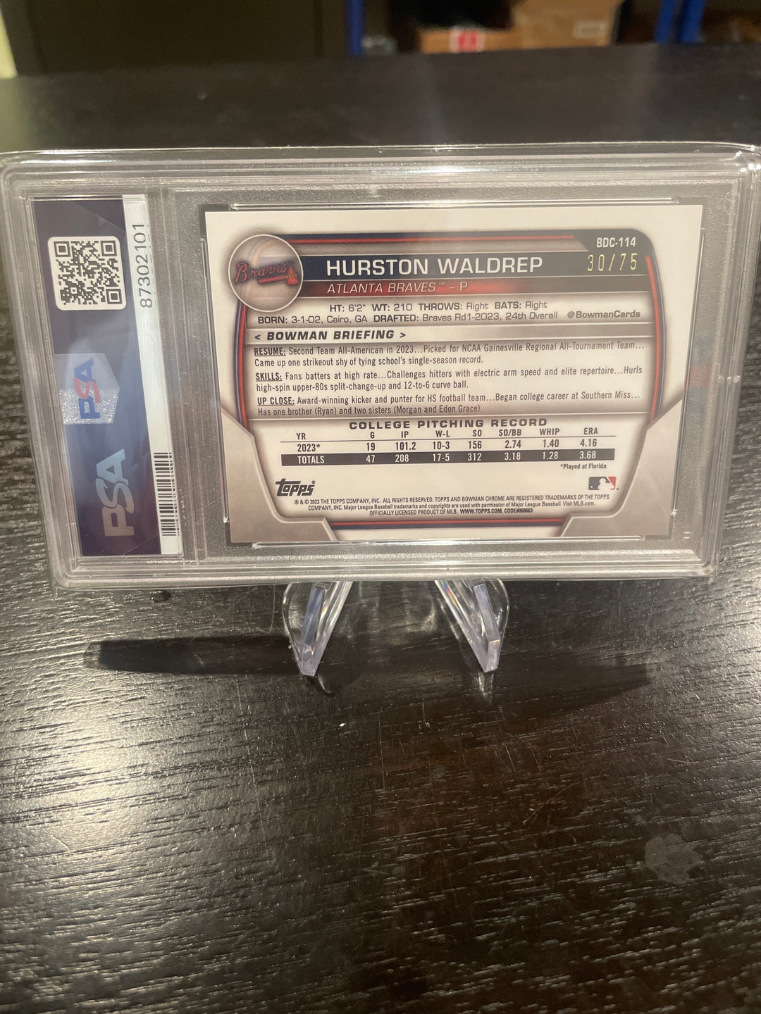 Hurston Waldrep 2023 Bowman Chrome Draft Sapphire Yellow Refractor, 30/75, PSA 10 Gem Mint