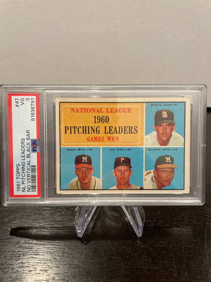 1961 Topps NL Pitching Leaders, No Vertical Black Bar, PSA 3