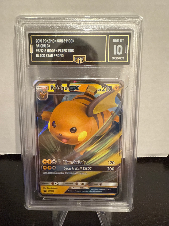 Pokémon TCG 2019 Raichu GX Sun & Moon Hidden Fates Tin, SM213, GMA 10 Gem Mint