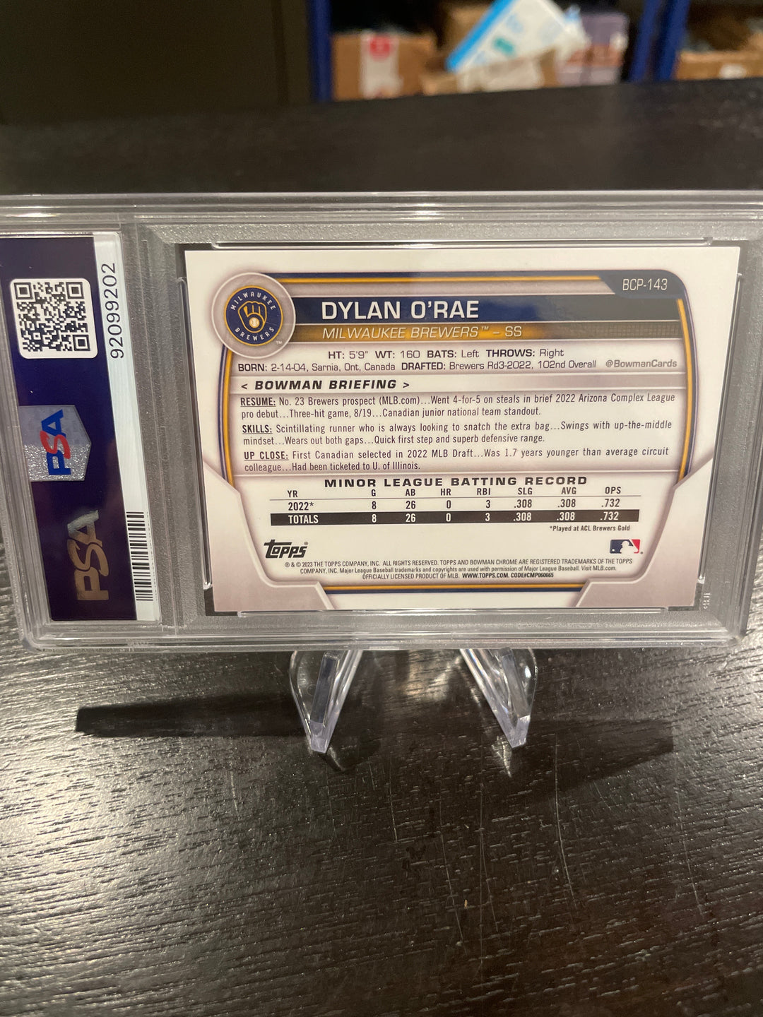 Dylan O'Rae 2023 Bowman Chrome 1st Bowman Rose Gold Lave, 10/10, PSA 8