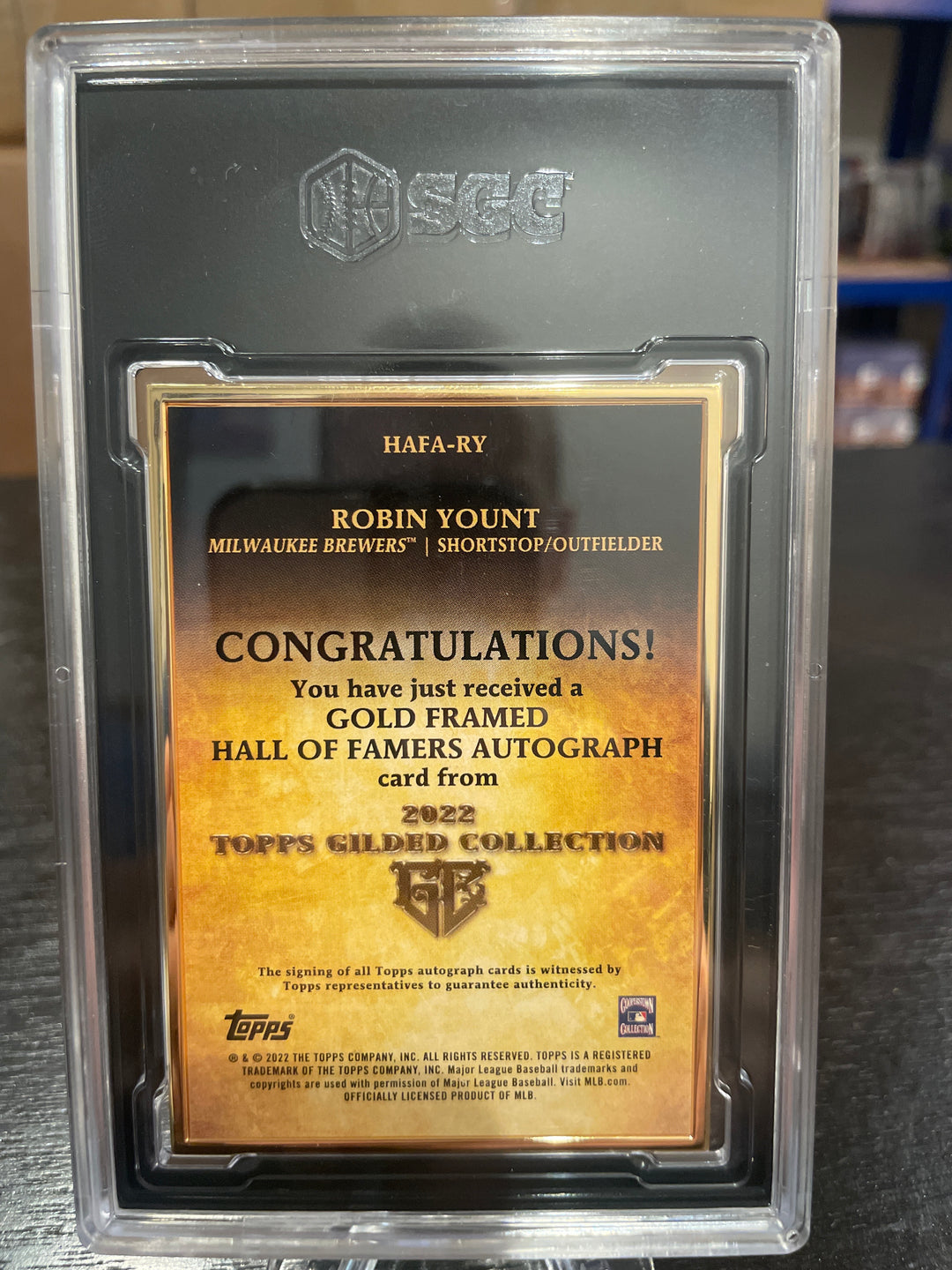 Robin Yount 2022 Topps Gilded Collection Gold Frame Hall of Fame Autographs, 61/90, SGC 9.5 Gem Mint