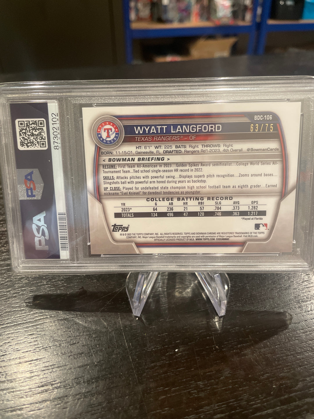 Wyatt Langford 2023 Bowman Chrome Draft Sapphire Yellow Refractor, 63/75, PSA 9 Mint