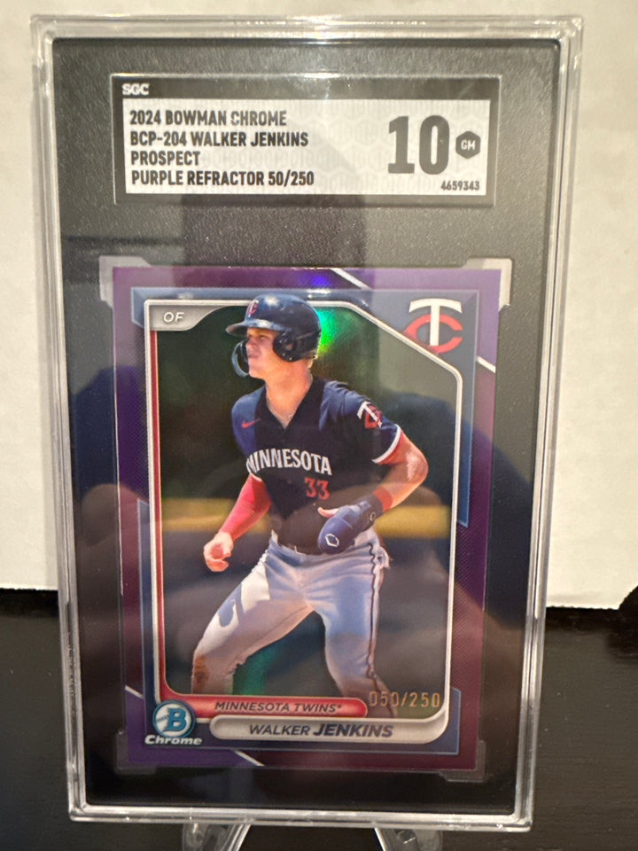 Walker Jenkins 2024 Bowman Chrome Prospect Purple Refractor, 050/250, SGC 10 Gem Mint